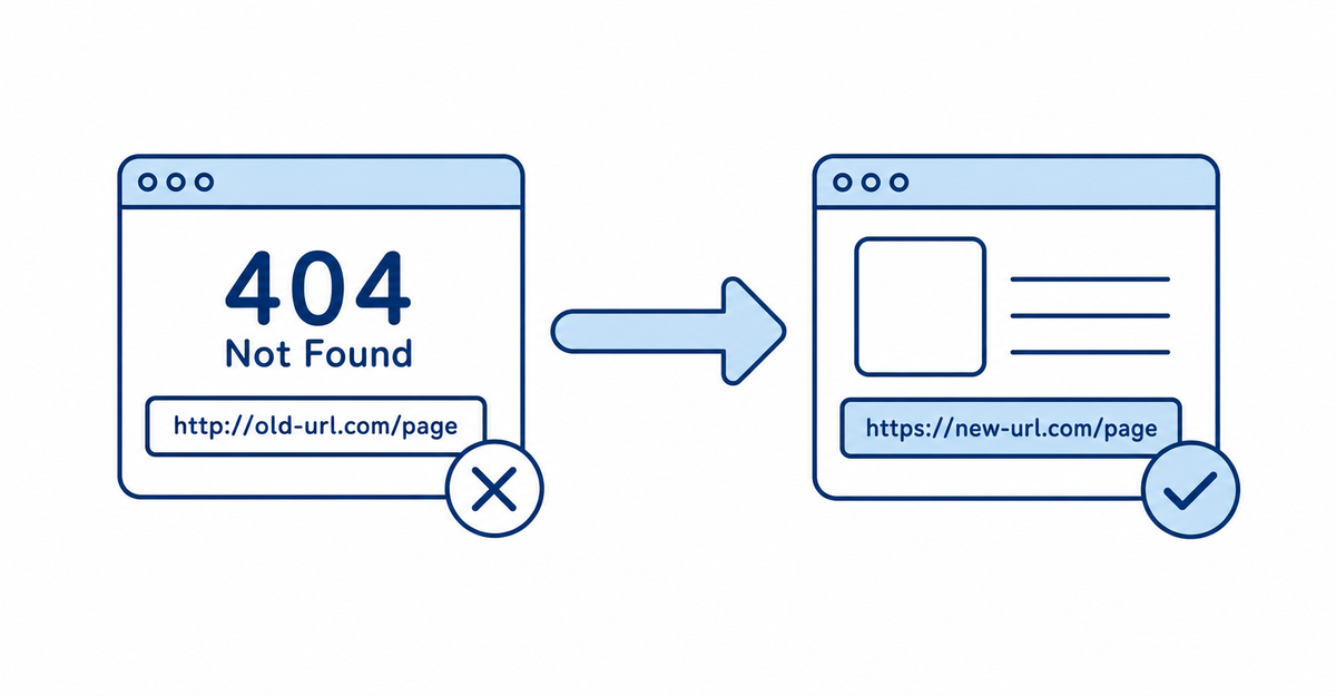 古いURLから新しいURLへ矢印でつながる図
